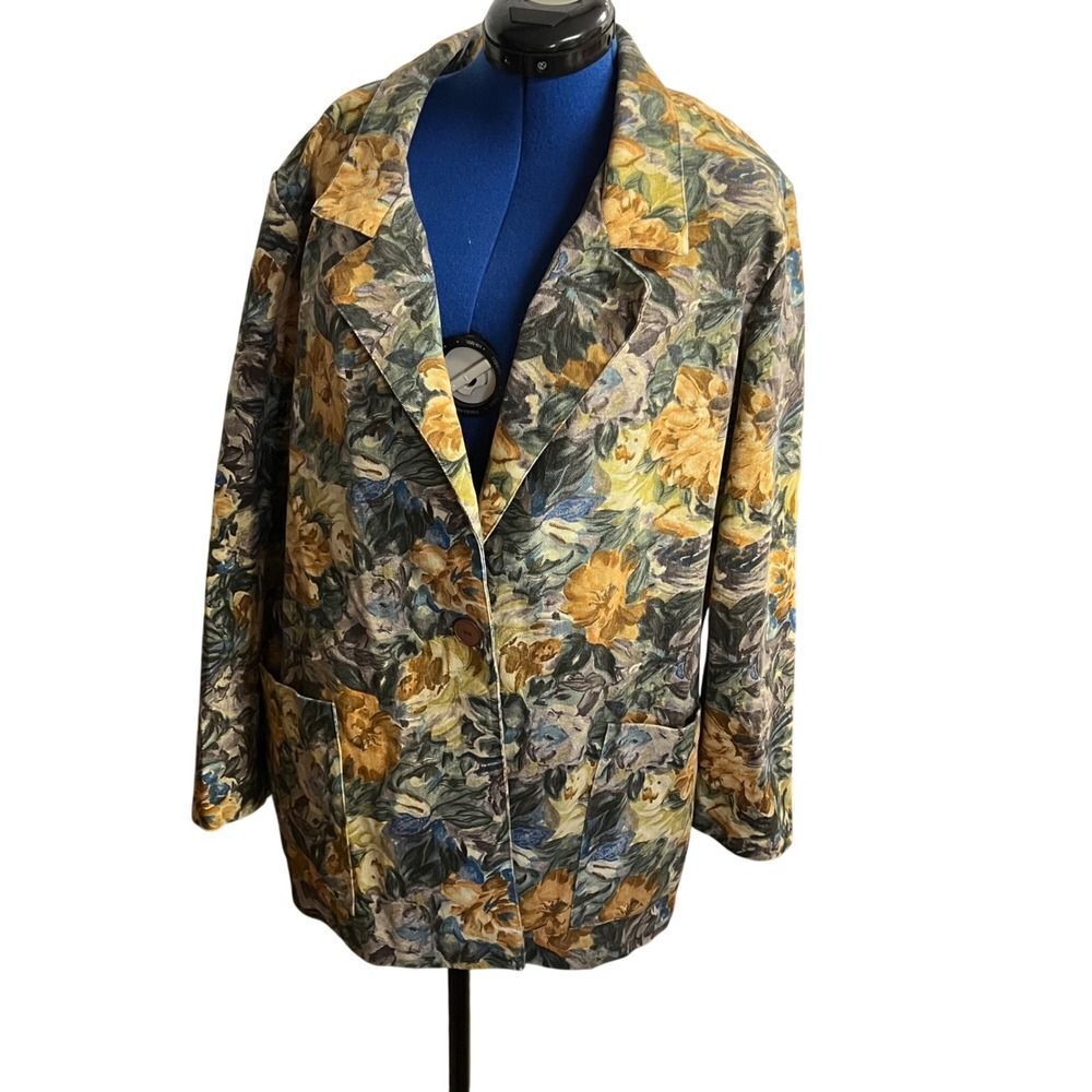 FRENCH NAVY Vtg 80's Yellow Floral Cotton Blazer 20W Stellar FantabulousUSA MADE
